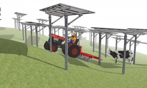 1本足の太陽光パネル架台が登場 ソーラーシェアリングで傾斜地作業や大型農機の利用を可能に