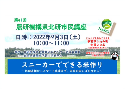 農研機構、乾田直播などの新技術を紹介する市民講座「スニーカーでできる米作り」を9月3日に岩手県で開催