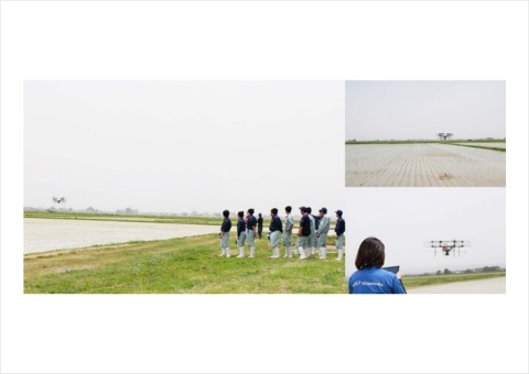 ナイルワークス、登米総合産業高校で自動飛行ドローンによる除草剤散布を実演