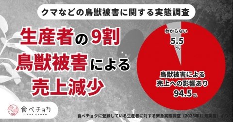 食べチョク、深刻化するクマ・イノシシなど鳥獣被害の調査結果を発表